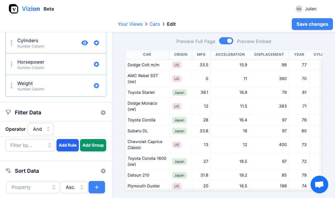 Creating a view with Vizion